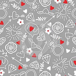 Seamless vector background with hearts, arrows, ringlets, flowers, love. illustration for fabric, scrapbooking paper and other photo