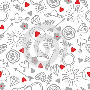 Seamless vector background with hearts, arrows, ringlets, flowers, love. illustration for fabric, scrapbooking paper and other