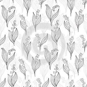 Seamless vector background with lilies of the valley. Black and white floral illustration.