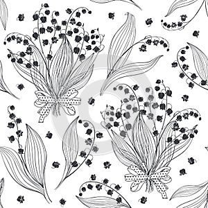 Seamless vector background with lilies of the valley.  Black and white floral illustration.