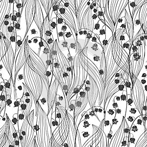 Seamless vector background with lilies of the valley.  Black and white floral illustration.