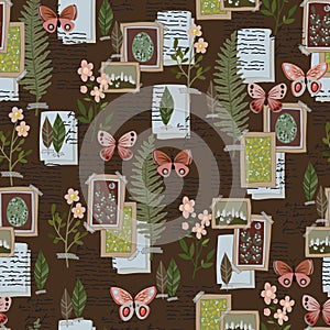 Seamless vector background with old letters, herbarium and postage mark