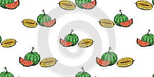 Seamless vector background of sketches ripe red watermelon and yellow melon