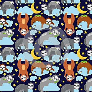 Seamless Vector Background with Sloths Sleeping on Clouds photo
