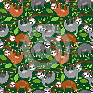Seamless Vector Background with Sloths, Tree Branches and Leaves photo