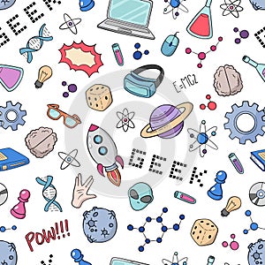 Seamless vector background, wallpaper, texture, backdrop pattern. Set of doodle cartoon icons geek, nerd, gamer