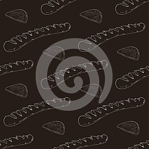 Seamless vector background with white baguette silhouette and sliced bread on a dark background. Idea for packaging