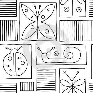 Seamless vector black and white background with hand drawn decorative childlike butterfly, ladybug, snail, dragonfly. Graphic illu