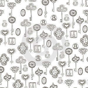 Seamless vector black and white pattern with keys and keyholes