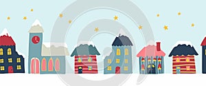 Seamless Vector border with cute hand drawn house in kids cartoon style. Winter cityscape with snow repeating
