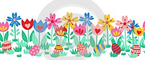 Seamless vector border Easter eggs. Cute hand drawn Easter egg repeating pattern between flowers. Floral horizontal Easter border