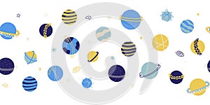 Seamless vector border Planets Outer Space. Galaxy repeating background. Cute childish planet illustration banner. Science kids
