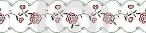 Seamless vector border print with folk roses heartsand leaves