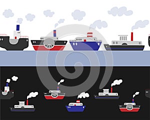 Seamless vector border with ships on a white and black background. Steamboats border.