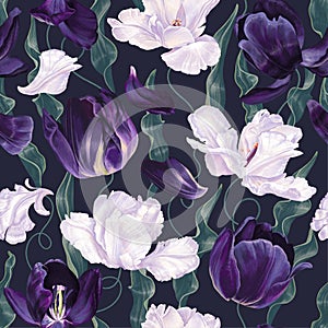 Seamless vector botanical pattern in realistic style and dark colors.