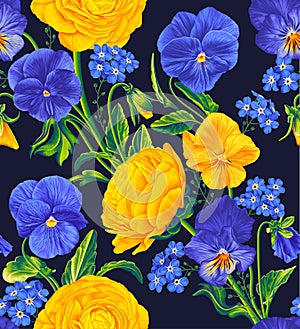 Seamless vector botanical pattern. Yellow and blue flowers on a dark background.