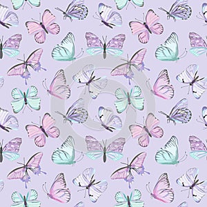 Seamless vector butterfly watercolor pattern. Vintage flying insect summer background. Colorful texture