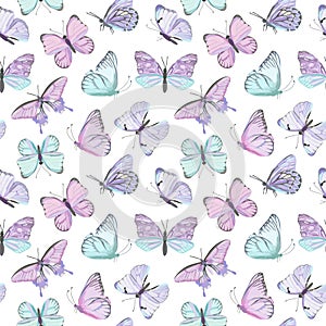 Seamless vector butterfly watercolor pattern. Vintage flying insect summer background. Colorful texture