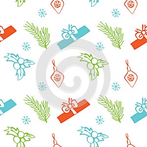 Seamless vector Christmas texture. Seamless backdrop with pine tree, gift box, christmas decoration, holly berry, snowflakes.