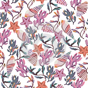 Seamless vector color pattern with shells. Hand drawn ÃÂ¼arine background.