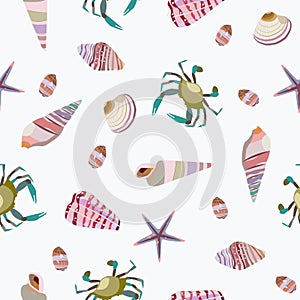 Seamless vector color pattern with shells. Hand drawn ÃÂ¼arine background.
