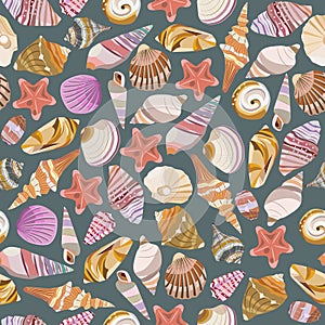 Seamless vector color pattern with shells. Hand drawn ÃÂ¼arine background.