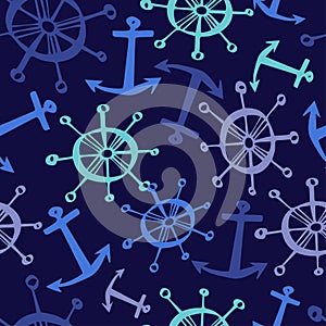 Seamless vector colorful pattern of abstract lined and wheel anchor on blue