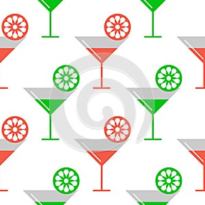 Seamless vector colorful pattern with coctails and orange, lime slices on the white background.