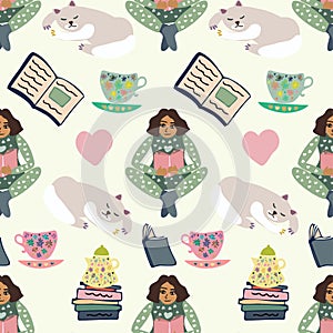 Seamless vector colorful pattern illustration of girls reading books