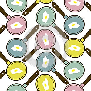 Seamless vector colorful pattern of silhouettes of frying pans with fried eggs