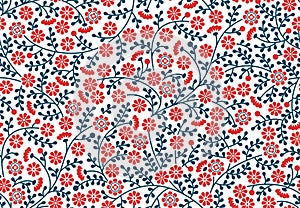 Seamless vector damask blue red retro texture. Blossom floral pattern, flower leaves branches on white background. Wrapping paper