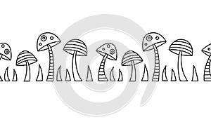 Seamless vector decorative hand drawn black and white pattern with mushrooms. Graphic illustration.