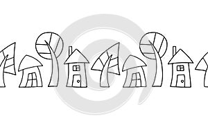 Seamless vector decorative hand drawn black and white pattern with trees and houses. Graphic illustration.