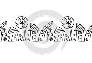 Seamless vector decorative hand drawn black and white pattern with trees and houses. Graphic illustration.