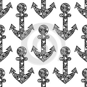 Seamless vector decorative hand drawn pattern with anchor.