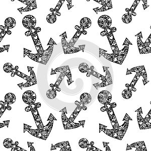 Seamless vector decorative hand drawn pattern with anchor.