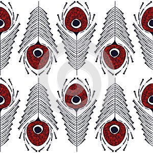 Seamless vector decorative hand drawn pattern with peacock feather