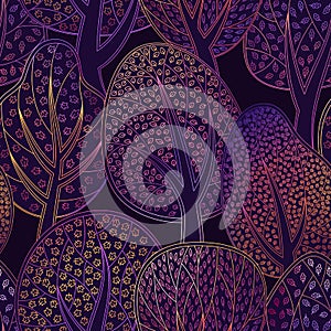 Seamless vector decorative pattern of deciduous forest, executed by multi-colored contours on a purple background photo
