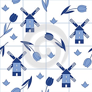 Seamless vector delftware pattern with tulips and mills