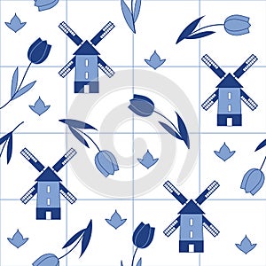 Seamless vector delftware pattern with tulips and mills photo