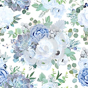 Seamless vector design pattern from dusty blue garden rose, whit