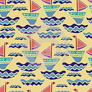 Seamless vector design tropical green pattern with decorative sailing ships on yellow background