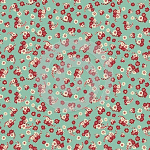 Seamless vector ditsy pattern with red and light flowers on pale teal background