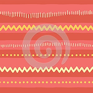 Seamless vector doodle pattern abstract horizontal lines, zigzag, dots, stripes. Red pink yellow tribal background. Texture for