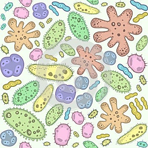 Seamless Vector doodle pattern of Microbes, bacteria and virus