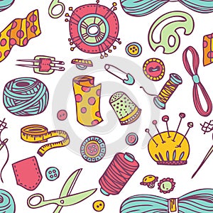 Seamless vector doodle sewing and needlework pattern