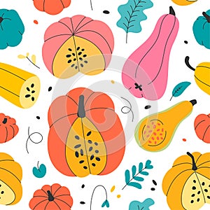 Seamless vector endless background with various color and shape pumkins. Autumn squash in cartoon hand drawn style made as repeat