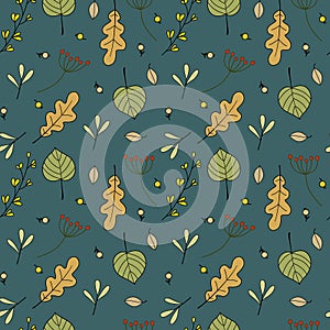 Seamless vector fall nature pattern from forest berries colorful oak ash tree leaves branches twigs in free hand doodle style