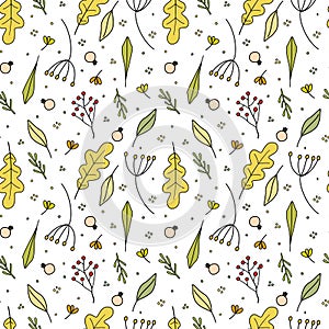 Seamless vector fall nature pattern from forest berries colorful oak tree leaves branches twigs in free hand doodle style