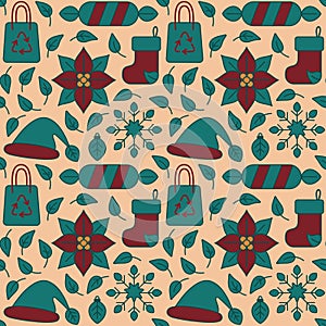 A seamless vector flat pattern featuring eco-friendly Christmas elements.